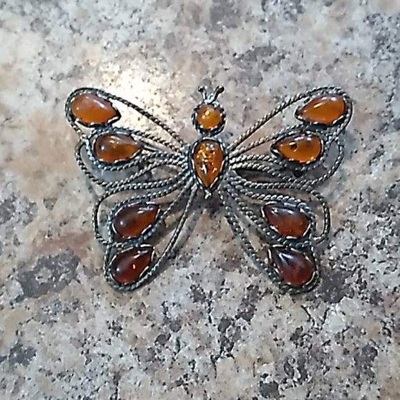 Vintage Jewelry - GENUINE BALTIC AMBER VINTAGE BUTTERFLY PIN BROOCH